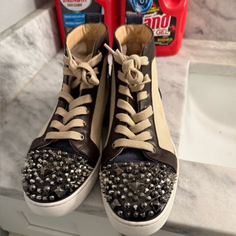 Christian Louboutin Brown and Cream Spike-Toe High-Top Sneakers
